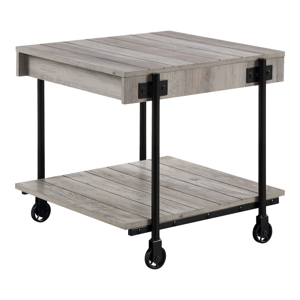 Acres Wood Natural End Table with Metal Black Wheels. Picture 1