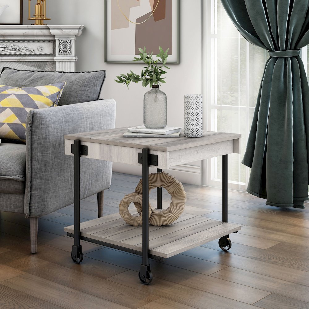 Acres Wood Natural End Table with Metal Black Wheels. Picture 4