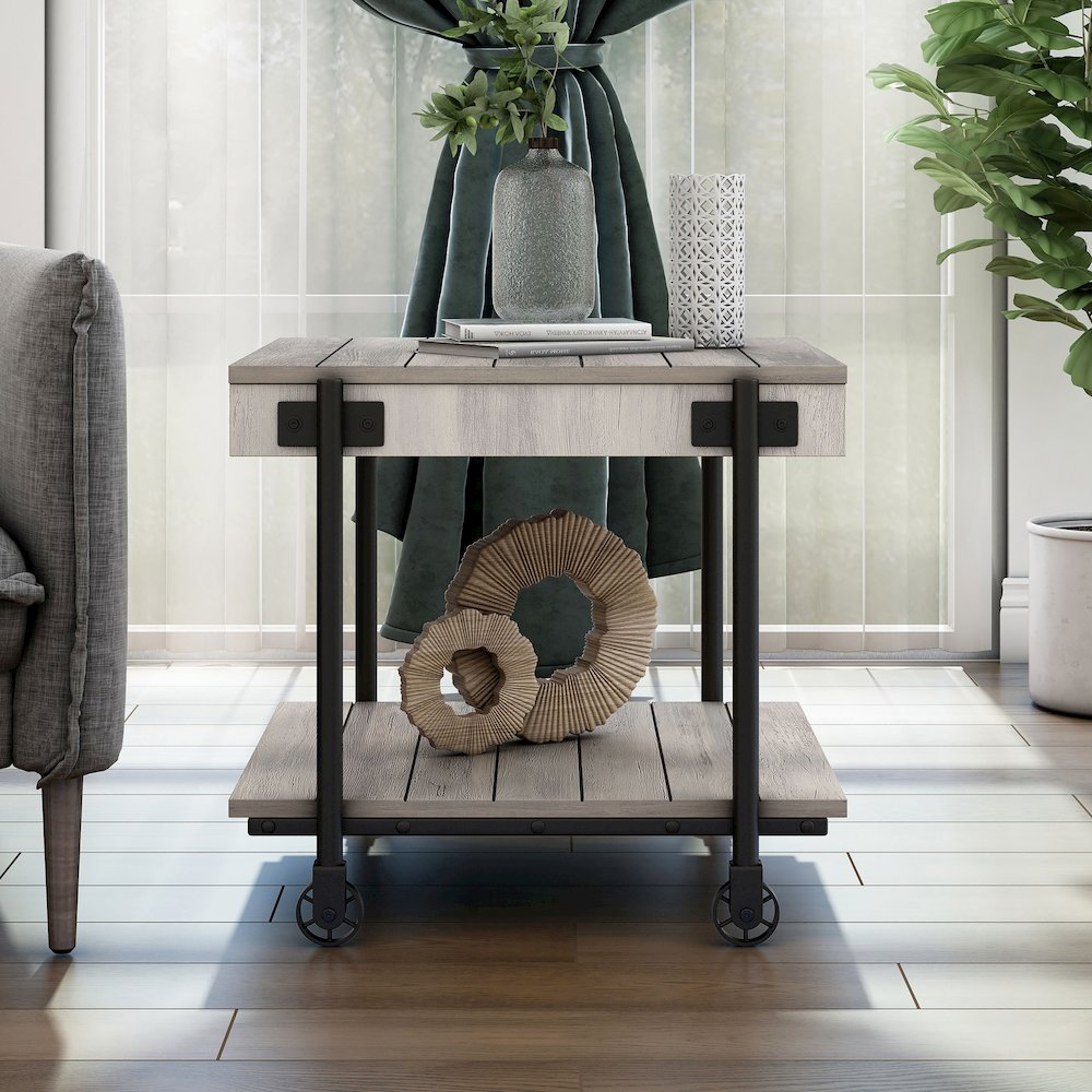 Acres Wood Natural End Table with Metal Black Wheels. Picture 5