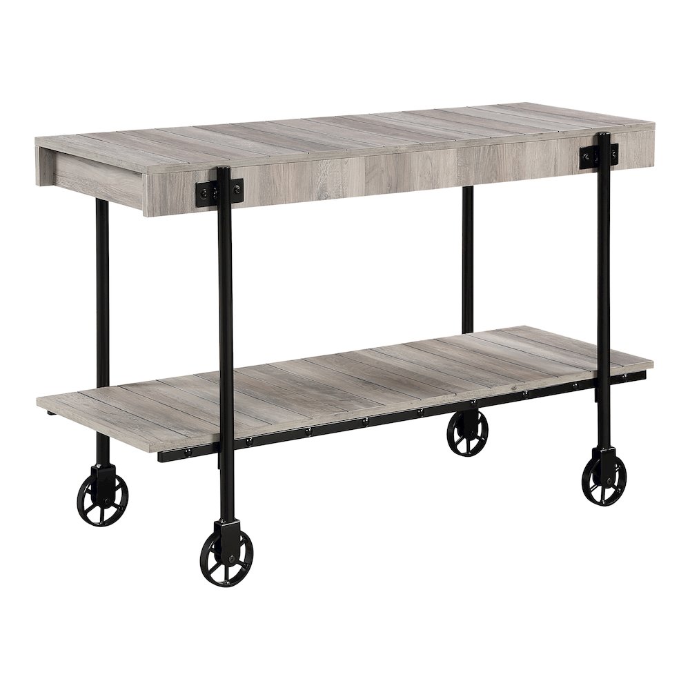 Acres Wood Natural Console Table with Metal Black Wheels. Picture 1