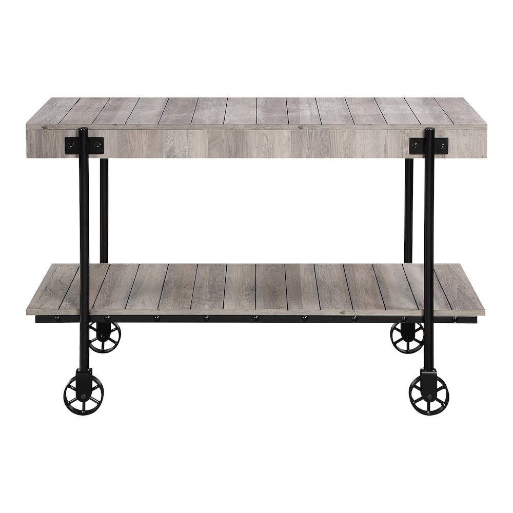 Acres Wood Natural Console Table with Metal Black Wheels. Picture 2