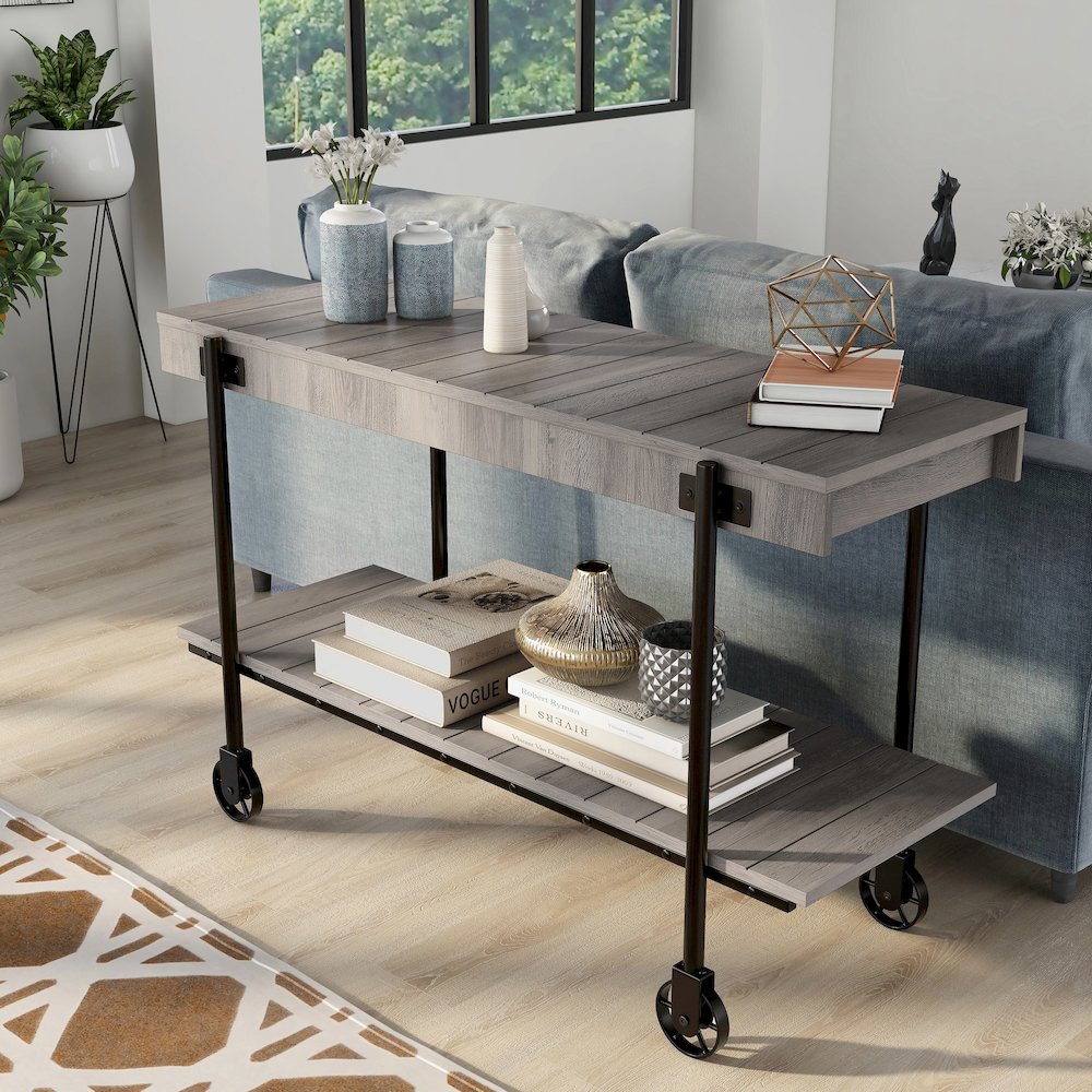 Acres Wood Natural Console Table with Metal Black Wheels. Picture 5
