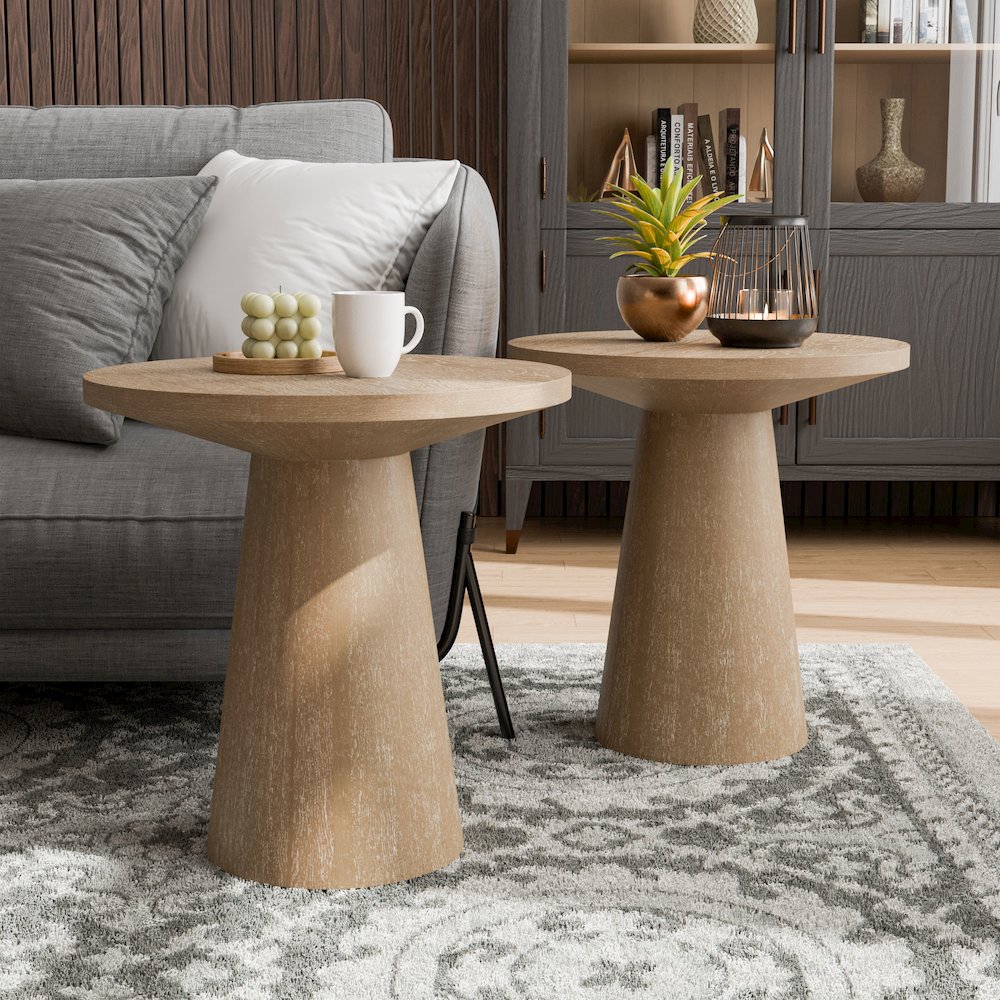 Oldbury 2-Piece Modern Round Wood Pedestal End Table Set. Picture 3