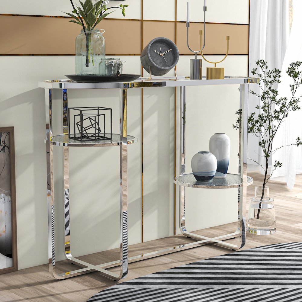 Ludington Metal 2-Shelf Sofa Table in Chrome. Picture 4