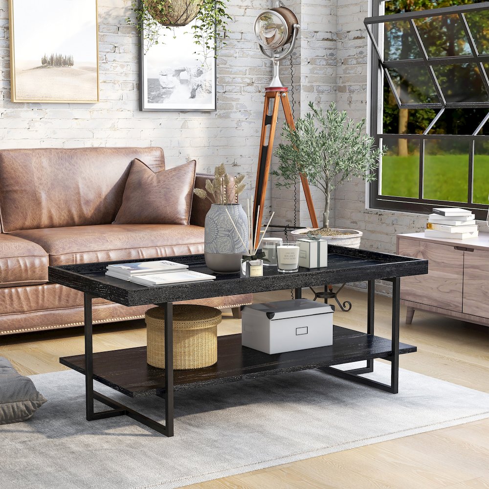 Prakers Industrial Wood 1-Shelf Coffee Table in Black. Picture 4