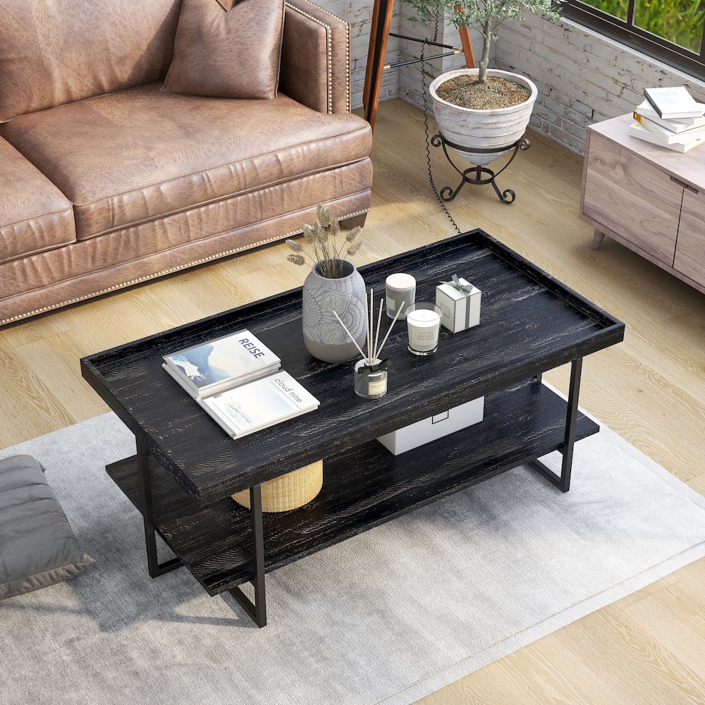 Prakers Industrial Wood 1-Shelf Coffee Table in Black. Picture 5