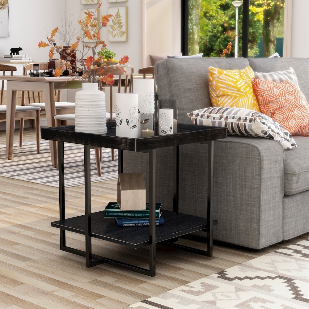 Prakers Industrial Wood 1-Shelf End Table in Black. Picture 5