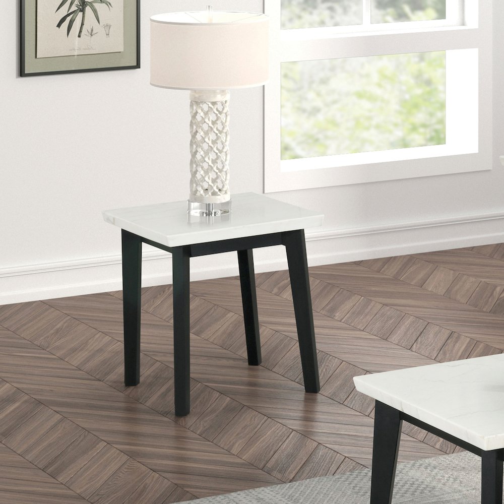 Isolde Wood and Marble Square End Table in White. Picture 4