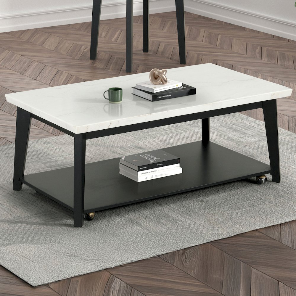 Isolde Wood and Marble Rectangle Coffee Table in White. Picture 4