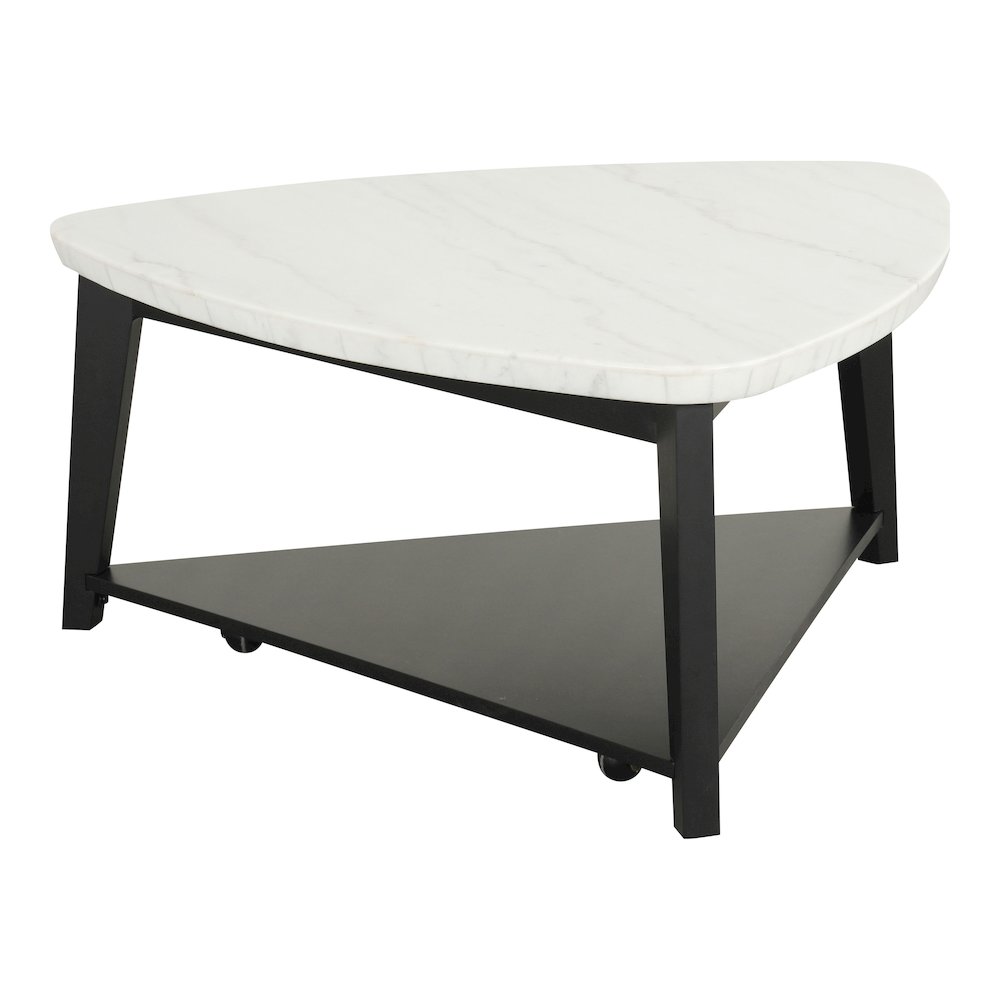 Isolde Wood and Marble Triangle Coffee Table in White. Picture 1