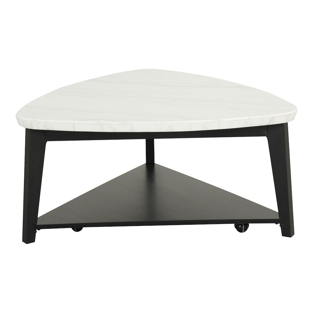 Isolde Wood and Marble Triangle Coffee Table in White. Picture 2