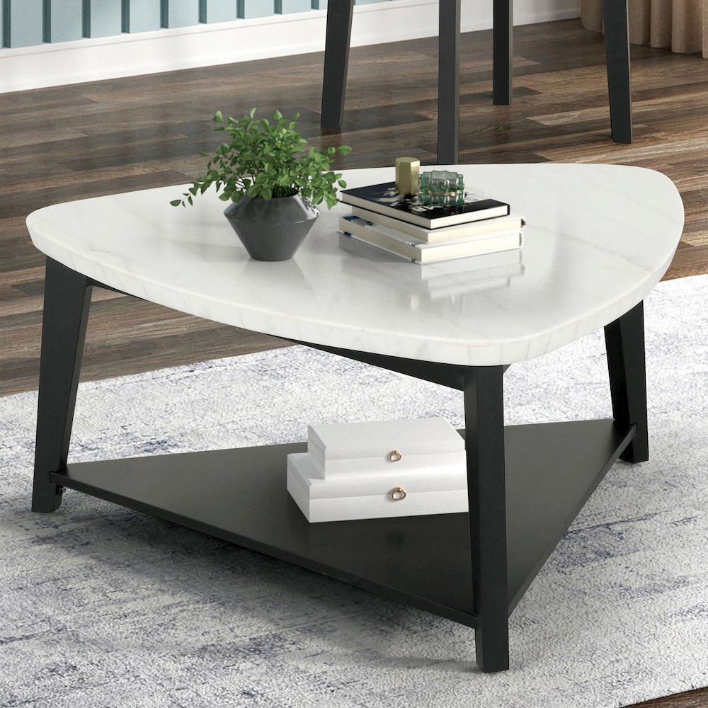 Isolde Wood and Marble Triangle Coffee Table in White. Picture 4