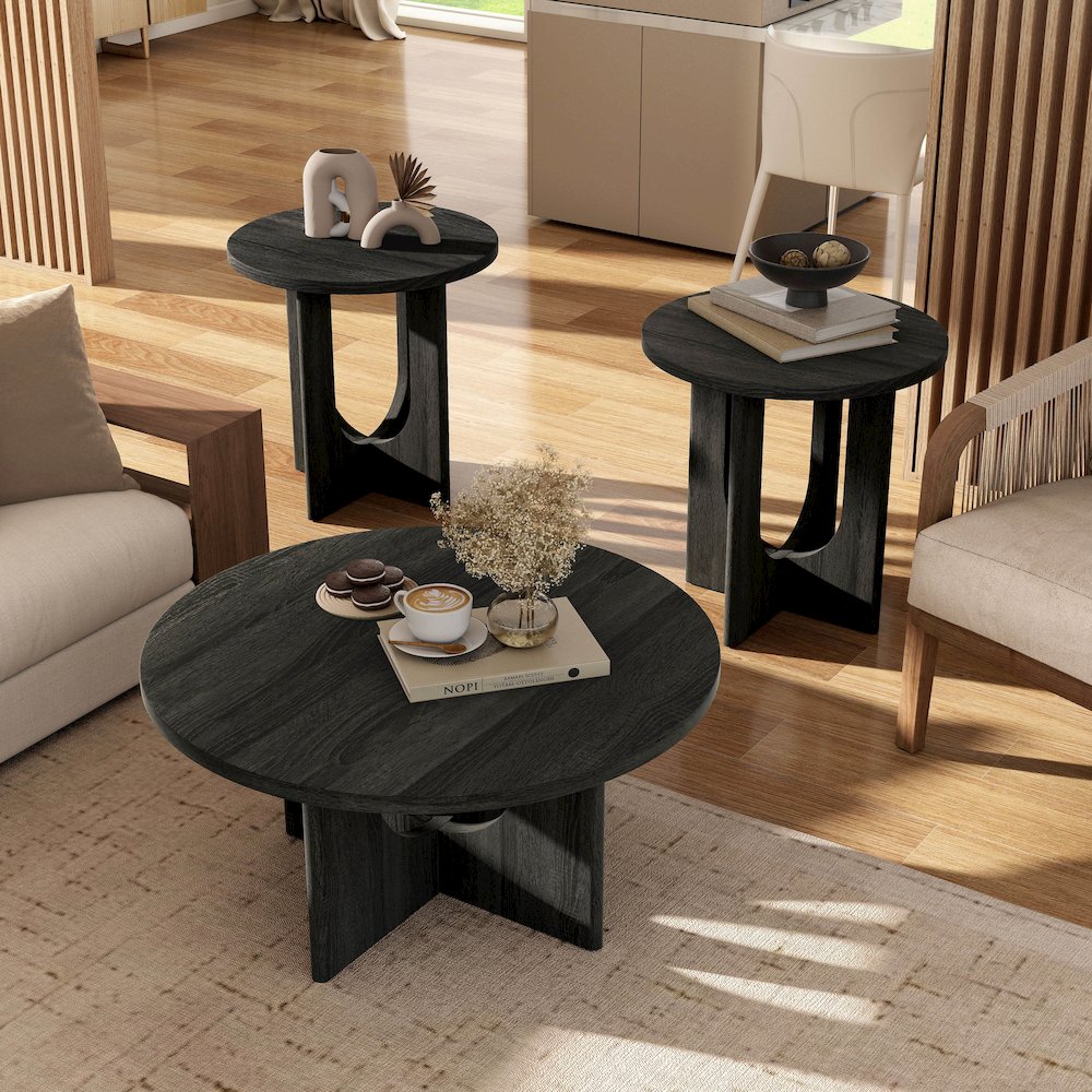 Carmel Modern Solid Wood 3-Piece Round Coffee Table Set. Picture 4