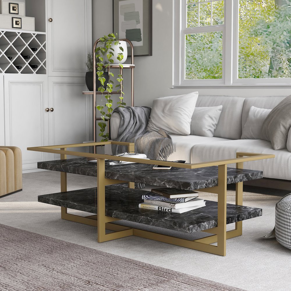 Meliman Metal 1-Shelf Coffee Table in Gold and Black. Picture 4