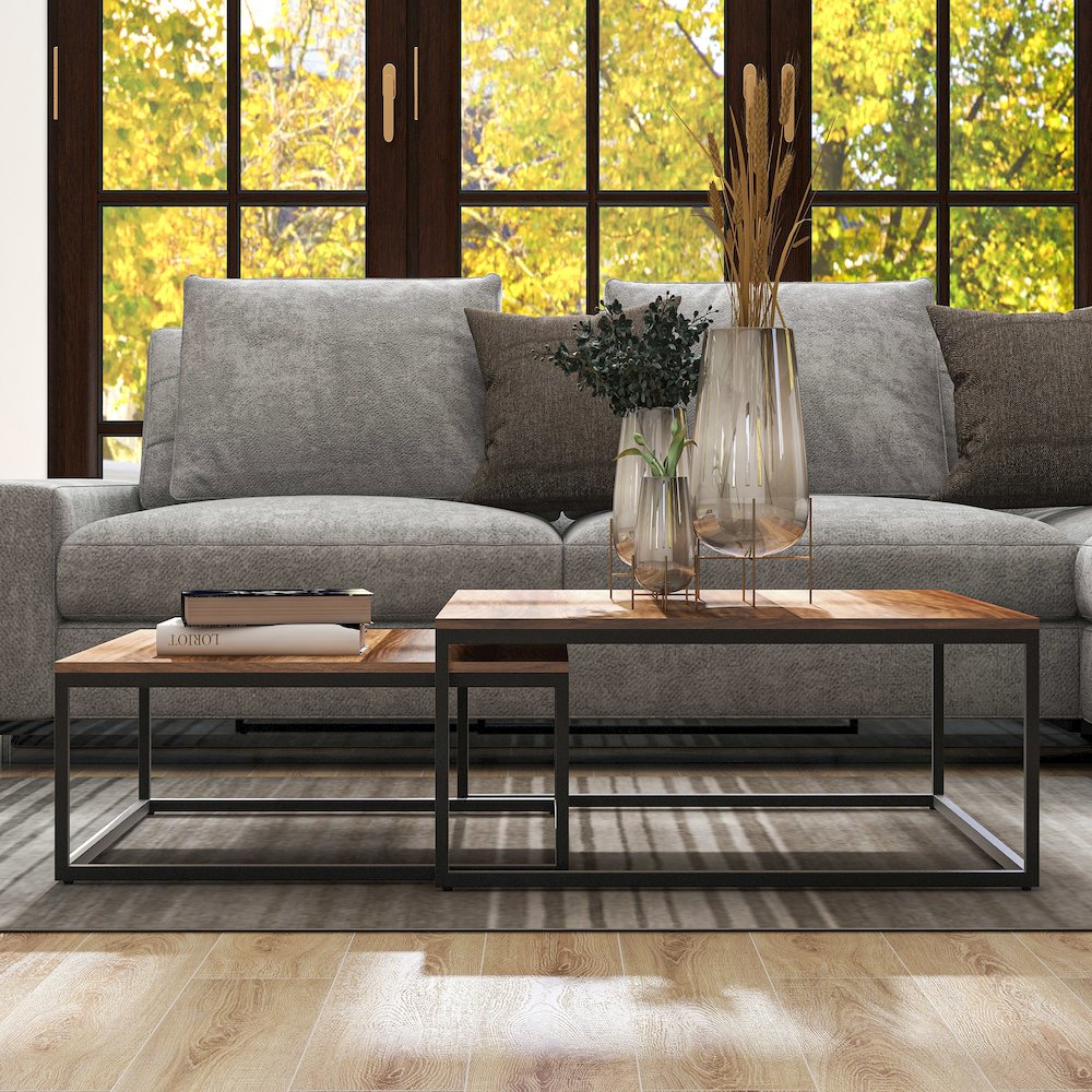 Druze Wood 2-Piece Nesting Table Set in Natural Oak. Picture 4