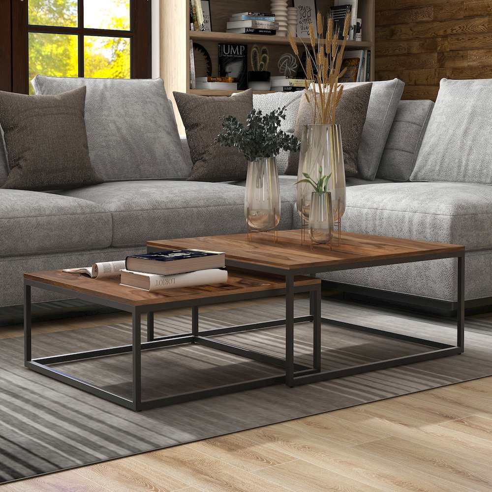 Druze Wood 2-Piece Nesting Table Set in Natural Oak. Picture 5