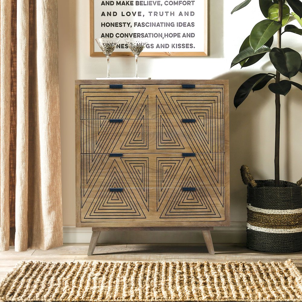 Kanan Art Deco Solid Wood 4-Drawer Accent Chest in Brown. Picture 4