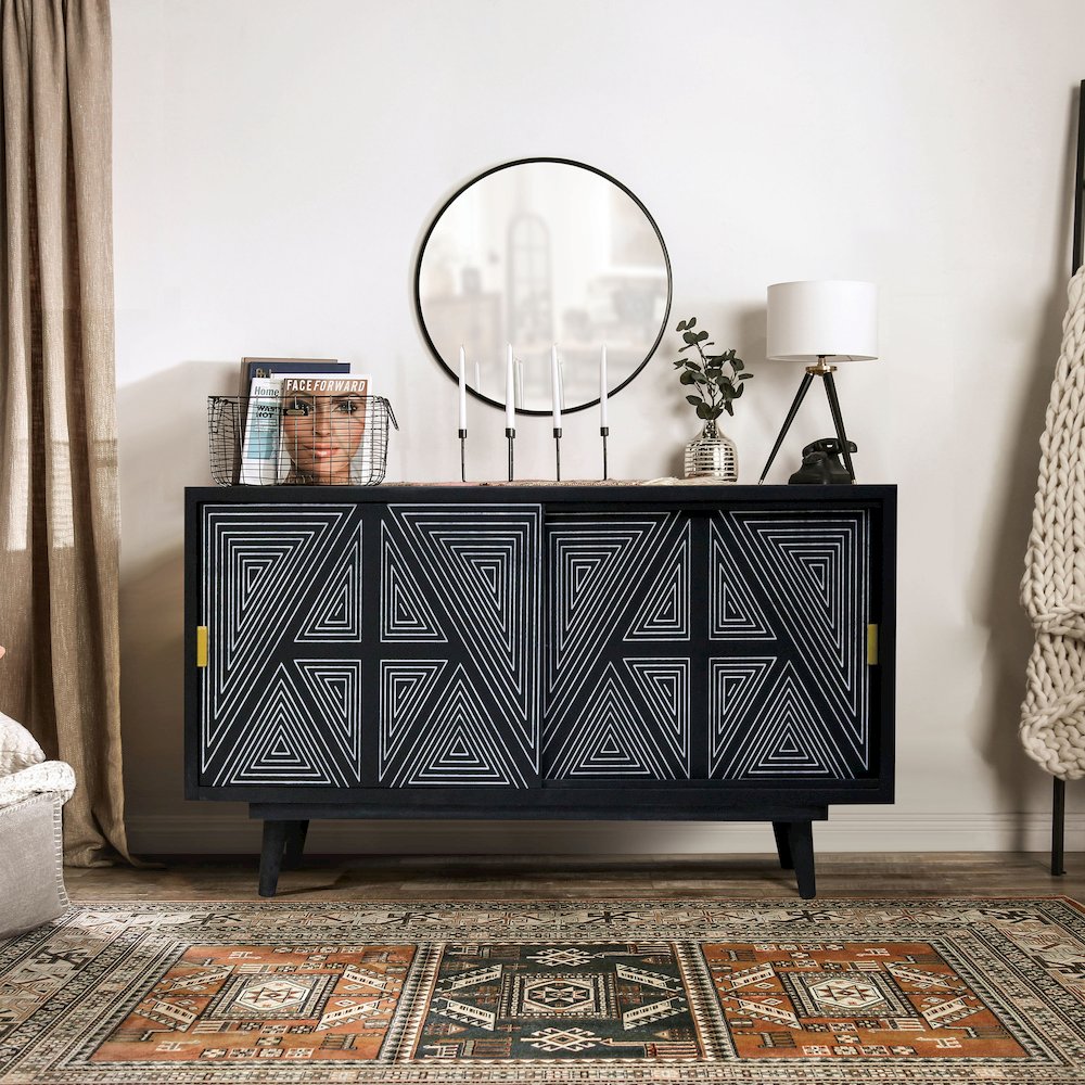 Kanan Art Deco Solid Wood Sliding Door Buffet in Black. Picture 4