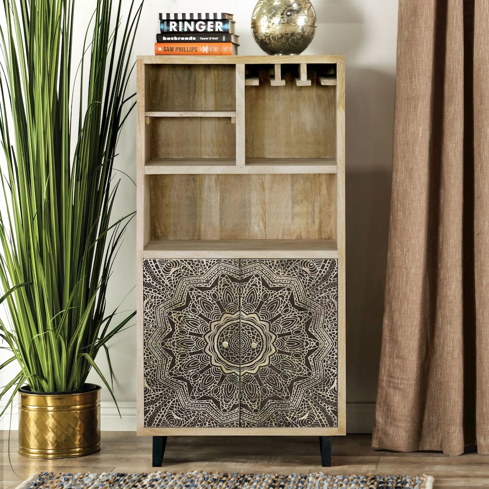 Druze Wood Multi-Storage Wine Cabinet in Natural and Black. Picture 4