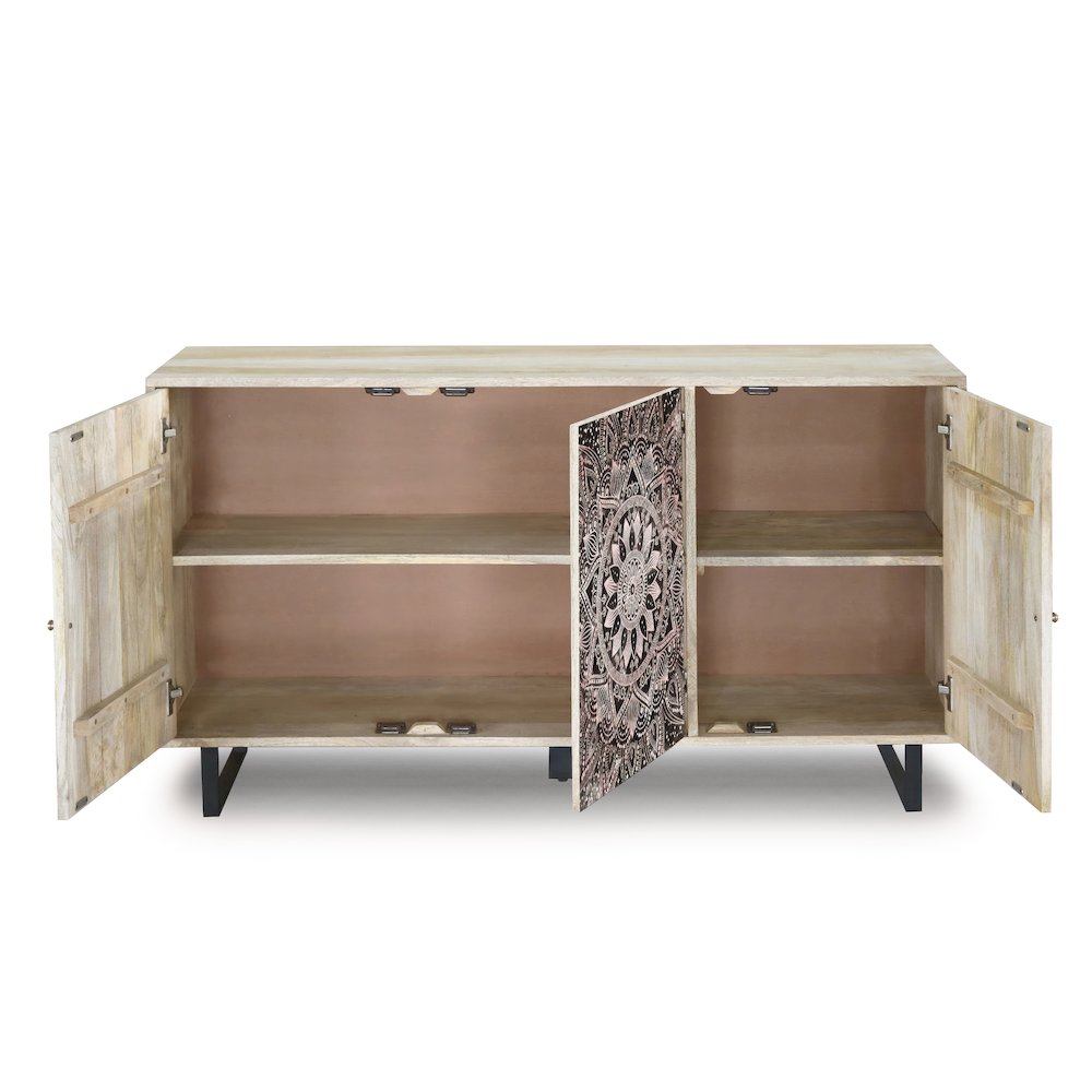 Baja Boho Solid Wood Sideboard Buffet Cabinet with 4 Storage Shelves. Picture 3