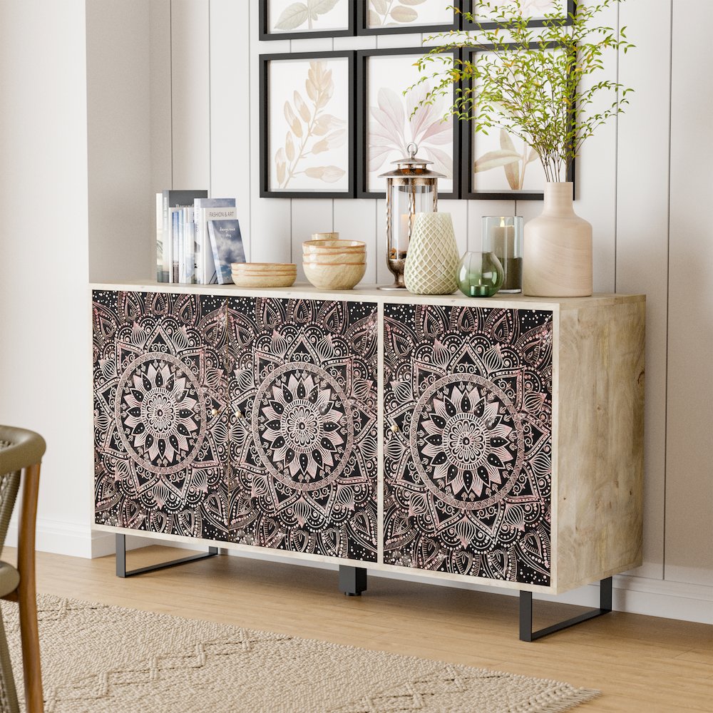 Baja Boho Solid Wood Sideboard Buffet Cabinet with 4 Storage Shelves. Picture 4