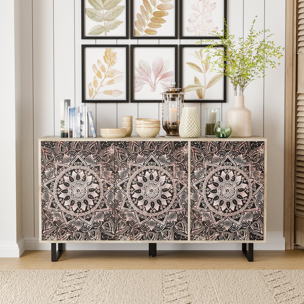 Baja Boho Solid Wood Sideboard Buffet Cabinet with 4 Storage Shelves. Picture 5
