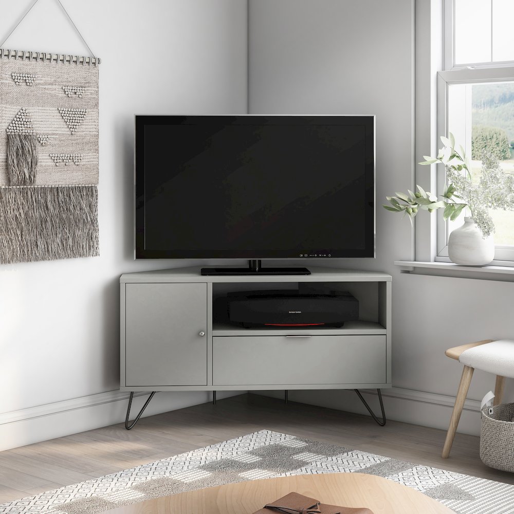 Emilia Modern Wood Multi-Storage Corner TV Stand in Gray. Picture 4