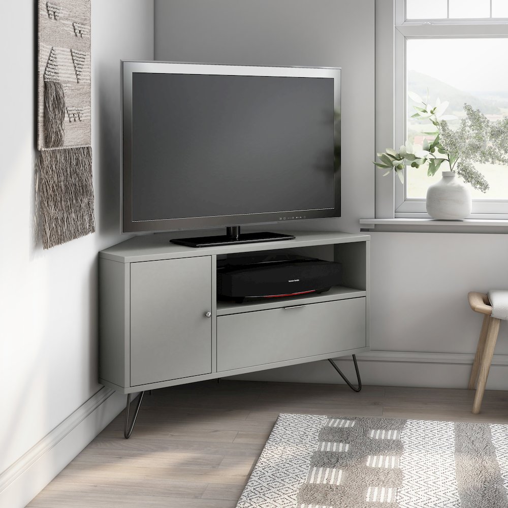 Emilia Modern Wood Multi-Storage Corner TV Stand in Gray. Picture 5
