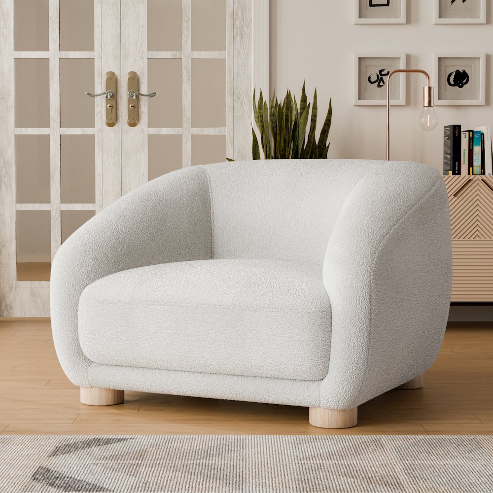 Amara Modern Boucle Arm Chair with Sloped Armrests and High Density Foam. Picture 4