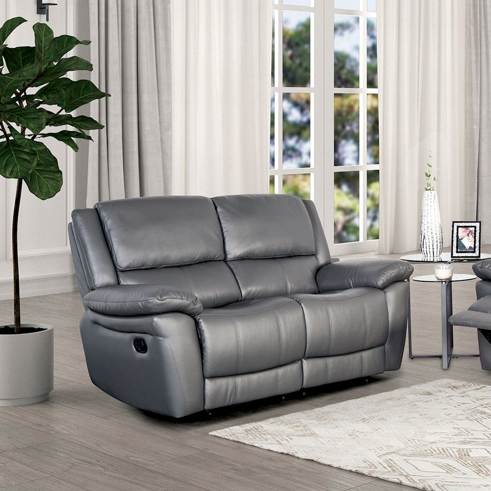 Torrel Modern Leather Match Reclining Loveseat, Dark Grey. Picture 4