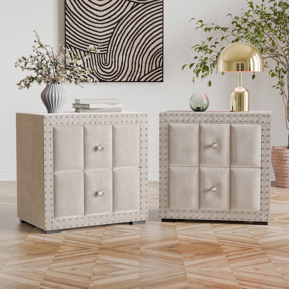 Fynor Modern Velvet 2-Drawer Nightstand (Set of 2). Picture 3