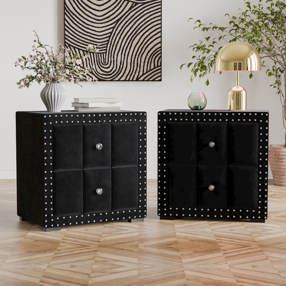 Fynor Modern Velvet 2-Drawer Nightstand (Set of 2). Picture 3