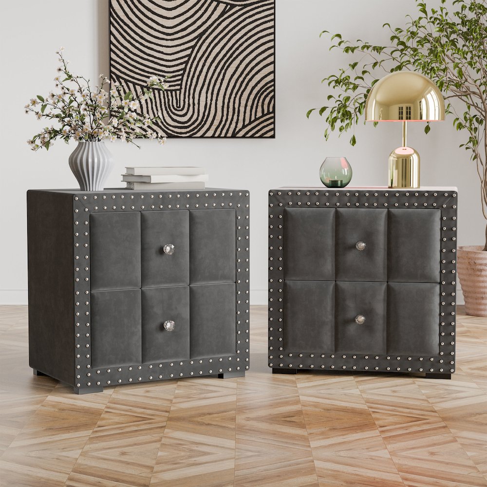 Fynor Modern Velvet 2-Drawer Nightstand (Set of 2). Picture 3