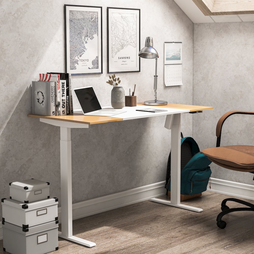Quade Wood and Metal Height Adjustable Desk in White. Picture 3