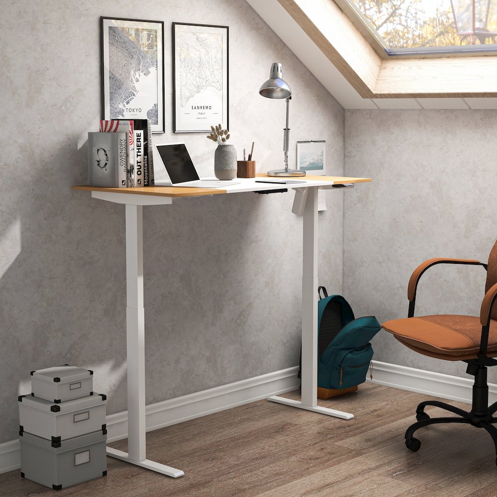 Quade Wood and Metal Height Adjustable Desk in White. Picture 5