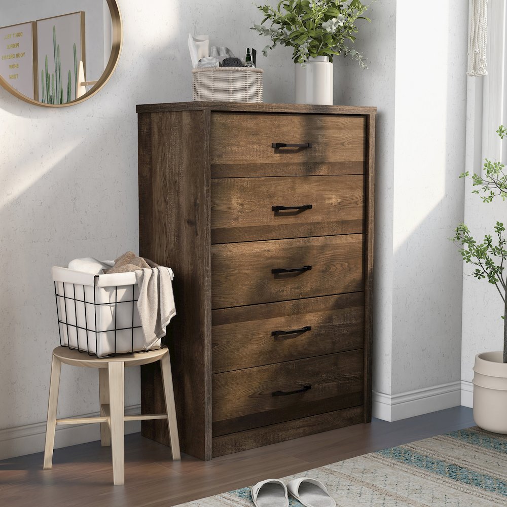 Kodo Rustic Wood 5-Drawer Chest in Walnut. Picture 4