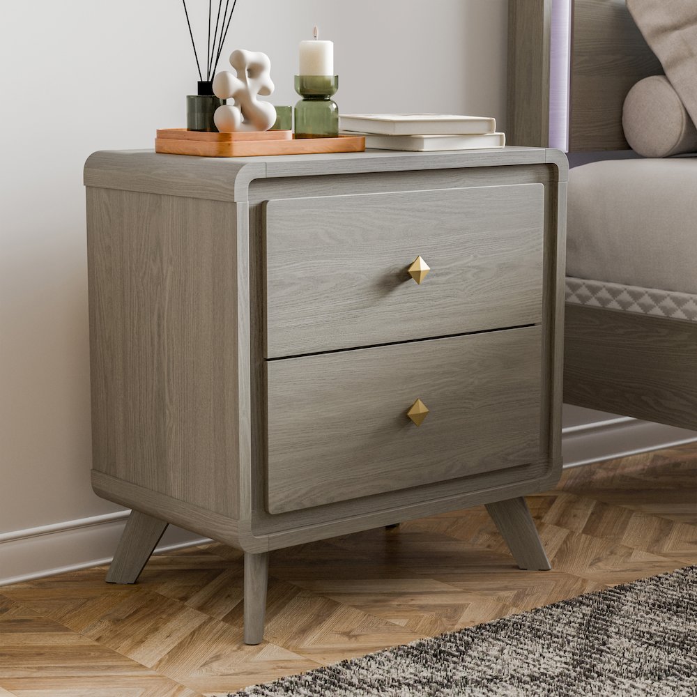 Xylia Modern Solid Wood Nightstand with 2 Drawers, Grey. Picture 4
