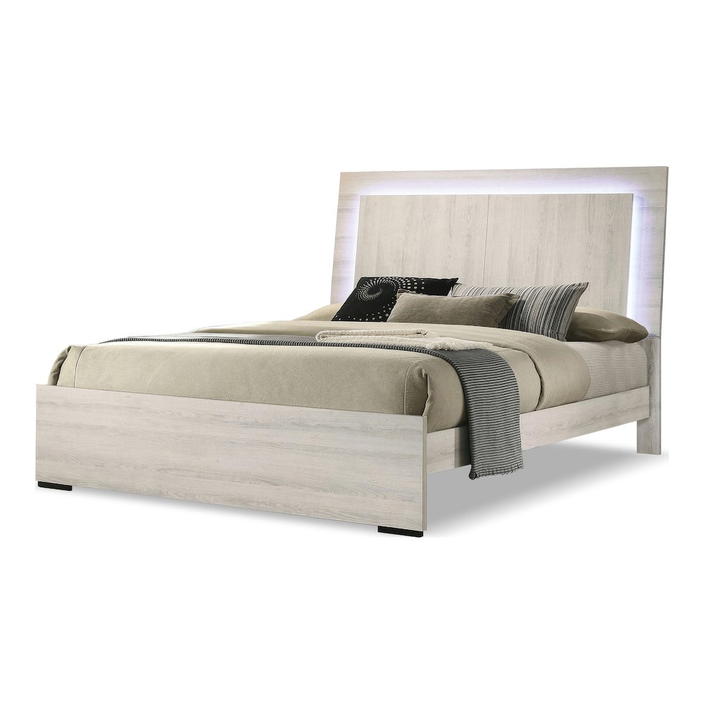 Turntile Modern Wood Panel Bed with LED in Washed White. Picture 1