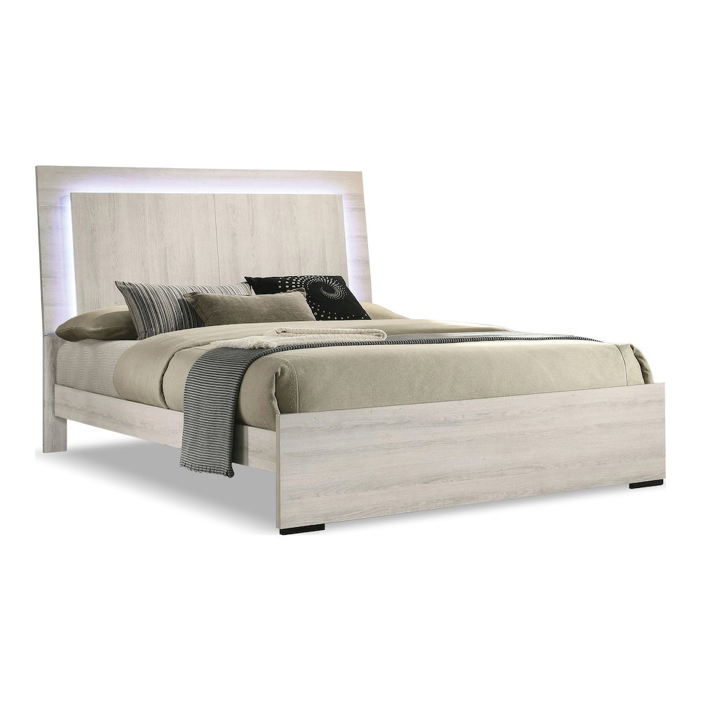 Turntile Modern Wood Panel Bed with LED in Washed White. Picture 2