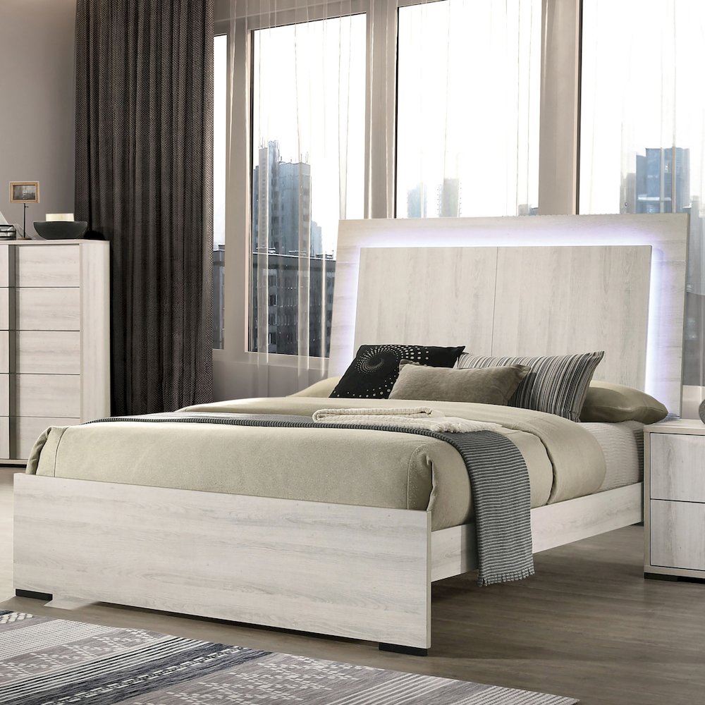 Turntile Modern Wood Panel Bed with LED in Washed White. Picture 3