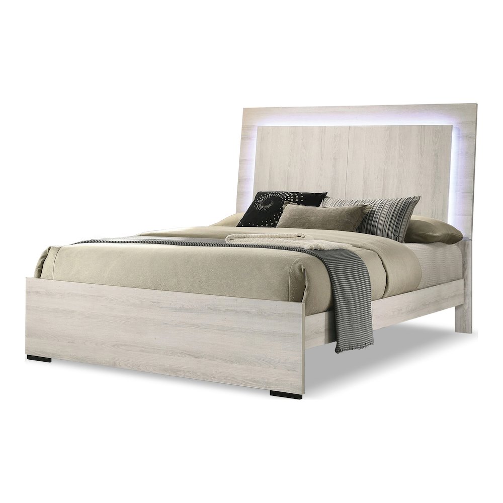 Turntile Modern Wood Panel Bed with LED in Washed White. Picture 1