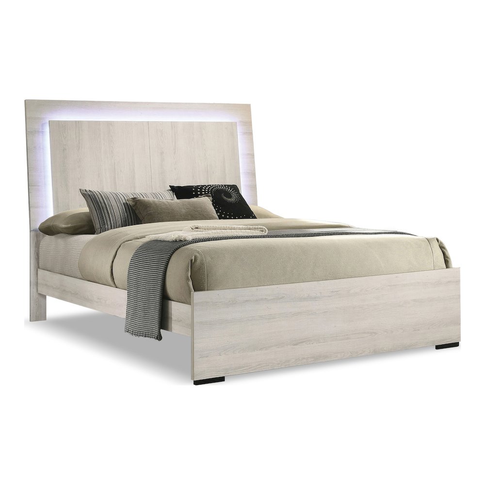 Turntile Modern Wood Panel Bed with LED in Washed White. Picture 2