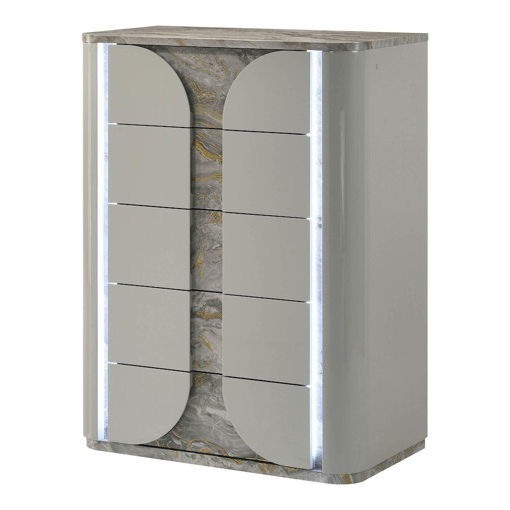 Agena Modern Wood 5-Drawer Chest with LED in Light Gray. Picture 1
