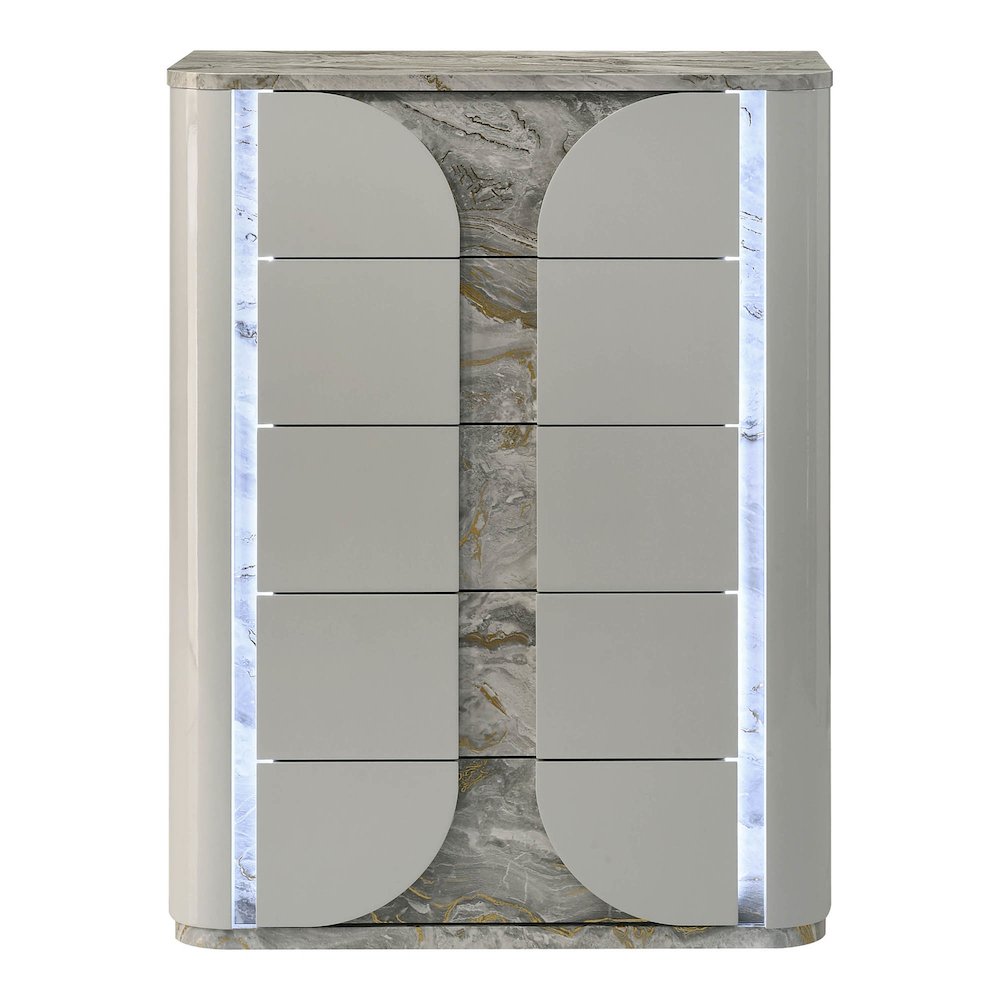 Agena Modern Wood 5-Drawer Chest with LED in Light Gray. Picture 2