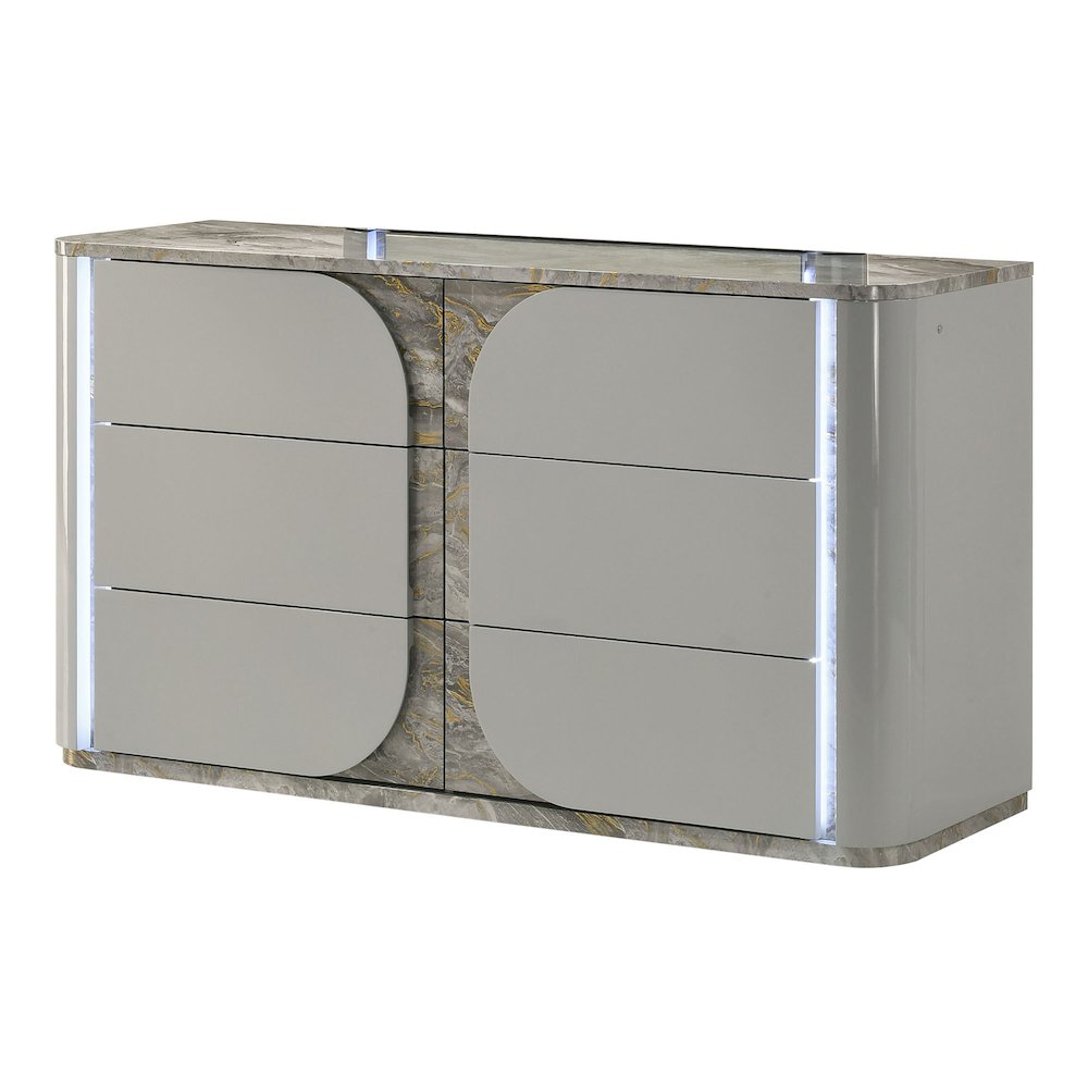 Agena Modern Wood 6-Drawer Dresser with LED in Light Gray. Picture 1
