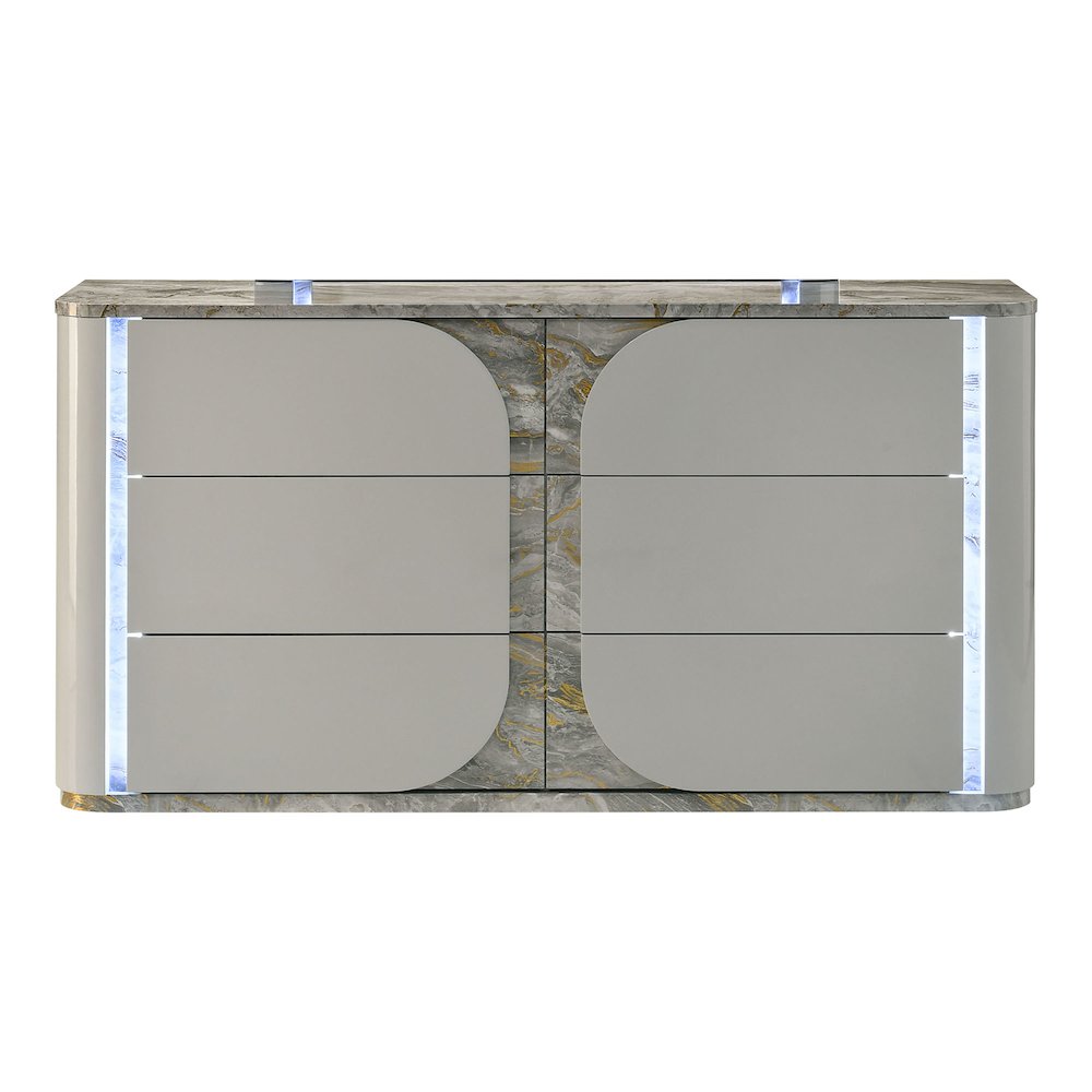 Agena Modern Wood 6-Drawer Dresser with LED in Light Gray. Picture 2