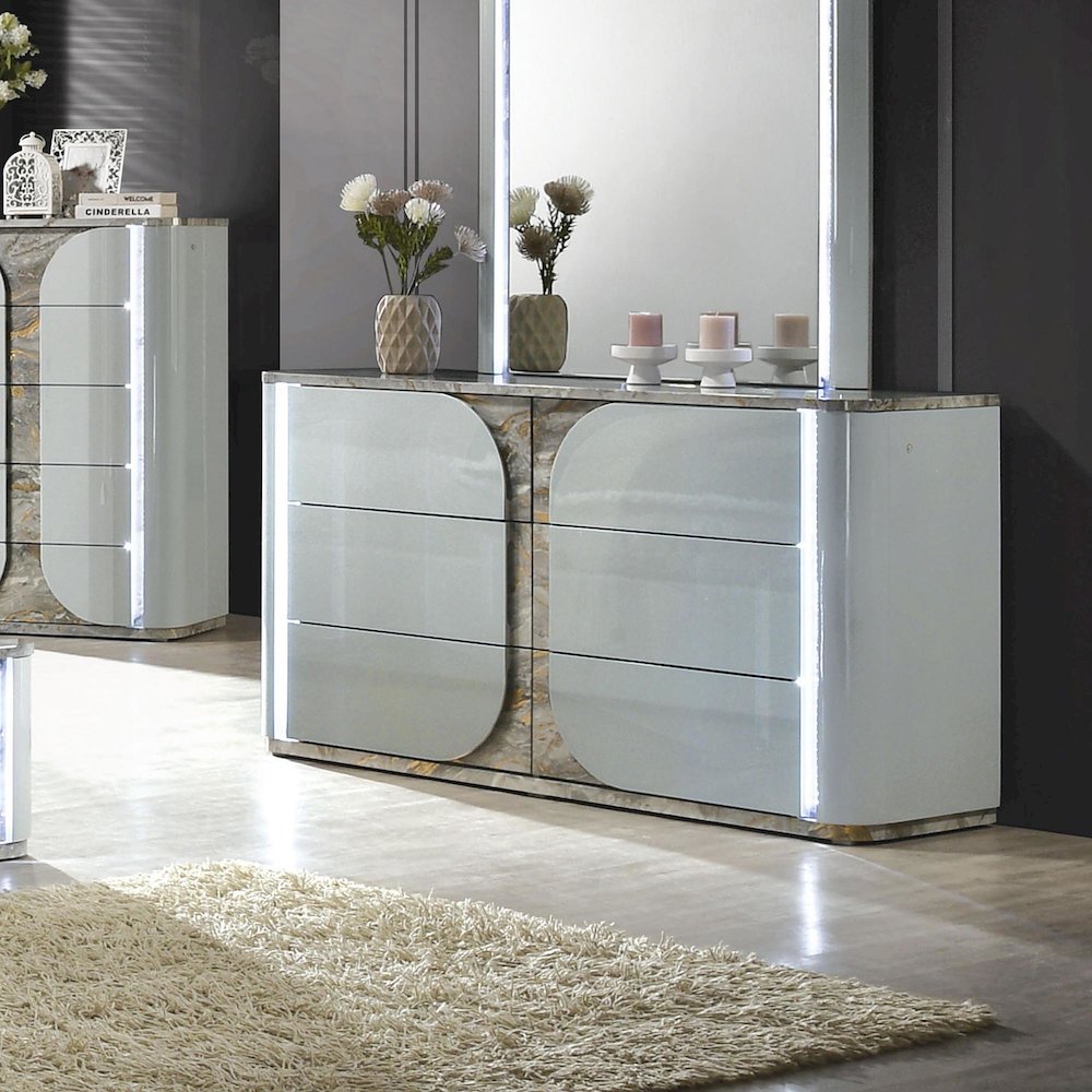 Agena Modern Wood 6-Drawer Dresser with LED in Light Gray. Picture 3