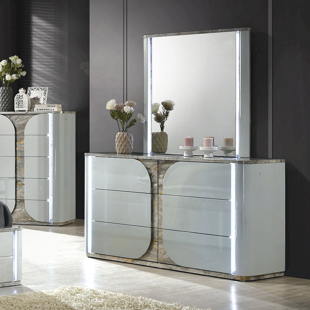 Agena Modern Wood 6-Drawer Dresser with LED in Light Gray. Picture 7