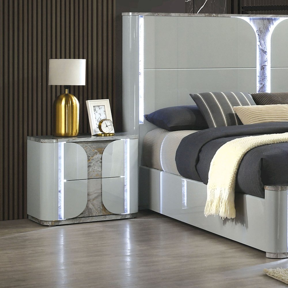 Agena Modern 2-Drawer Nightstand with LED in Light Gray. Picture 4