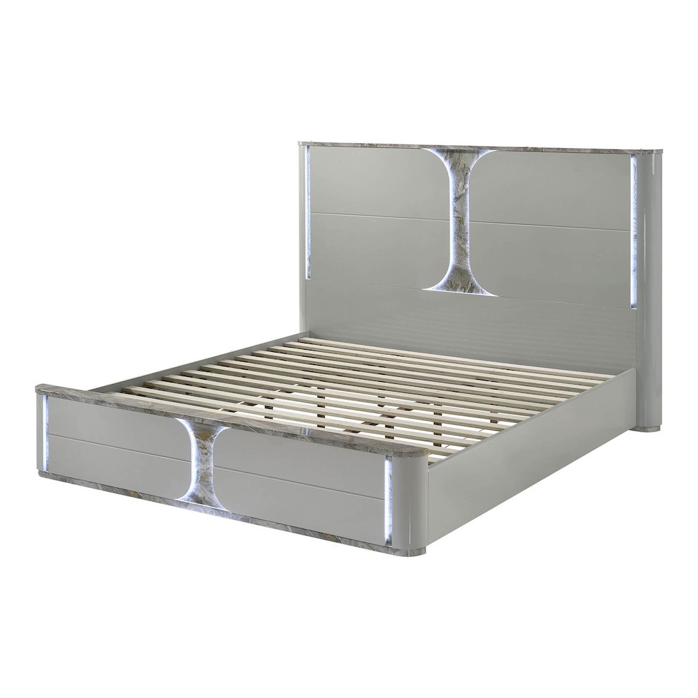 Agena Modern Solid Wood Platform Bed with LED in Light Gray. Picture 1